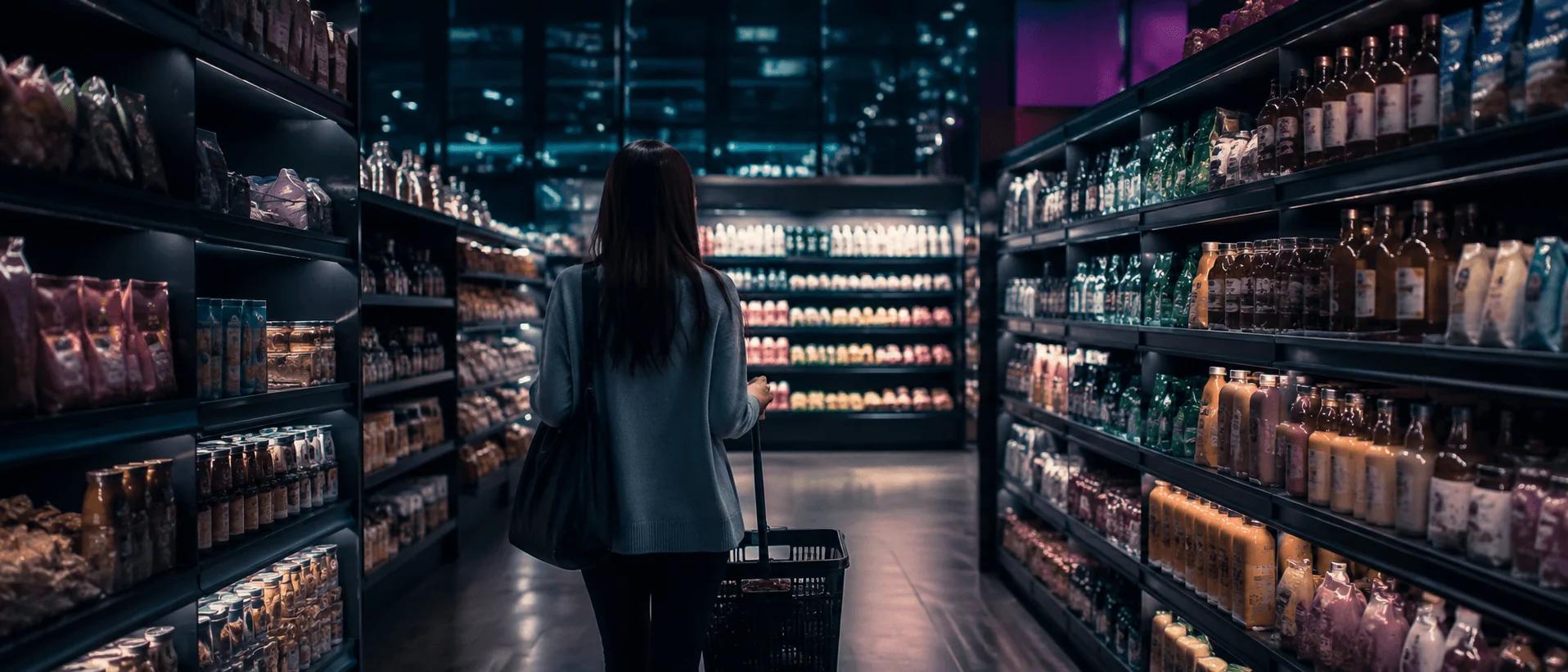 A shopper at the moment of decision in a dimly lit modern store aisle