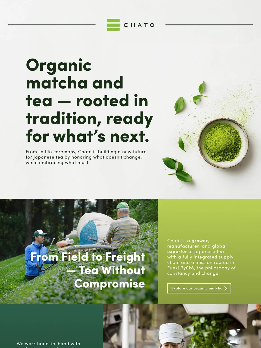 Chato's new homepage — clear English-first story from field to freight
