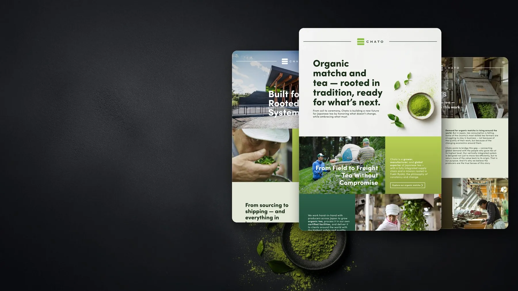Chato's new English-first website pages over a dark matcha still life
