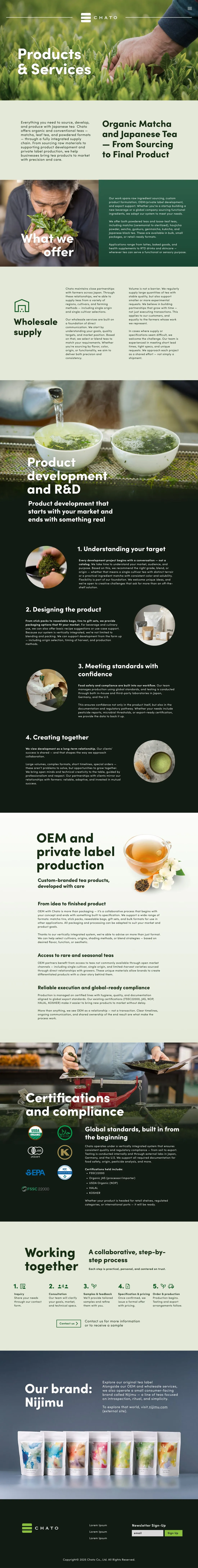 Chato products and services page, full scroll