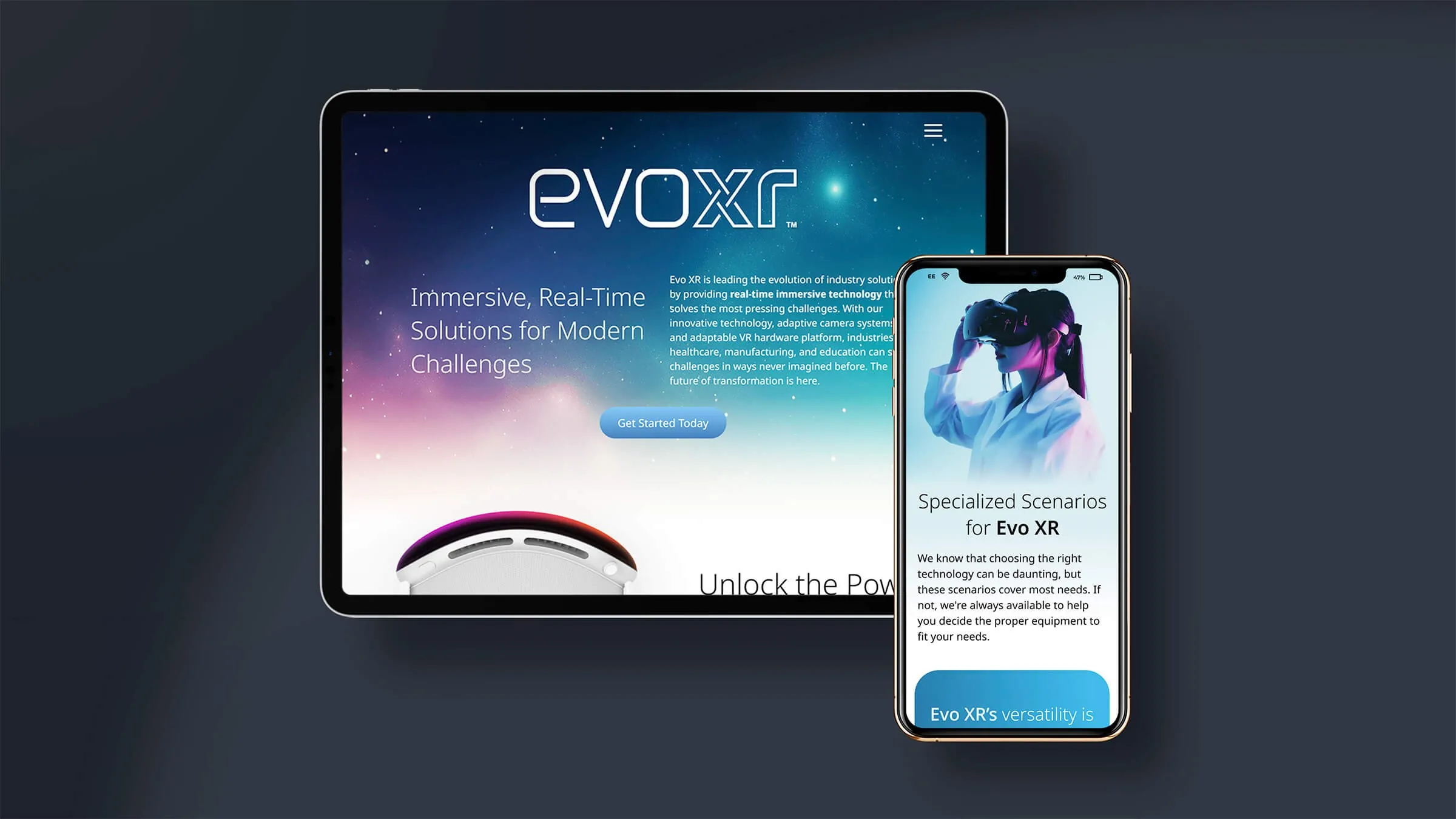 Evo XR — landing page shown on tablet and mobile
