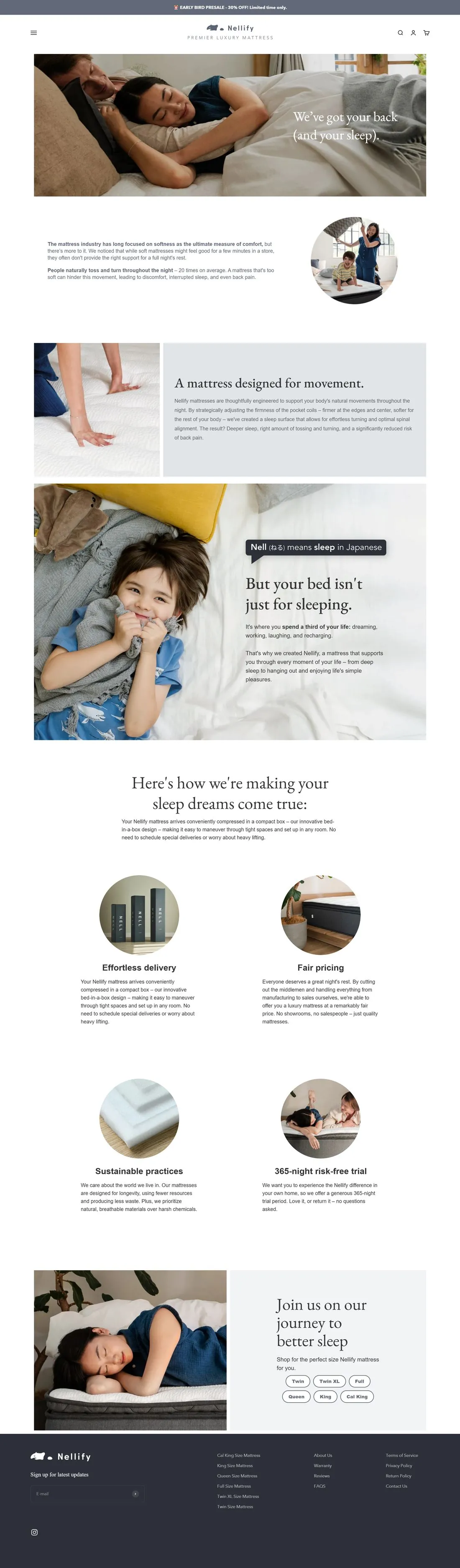 Nellify About page, full scroll