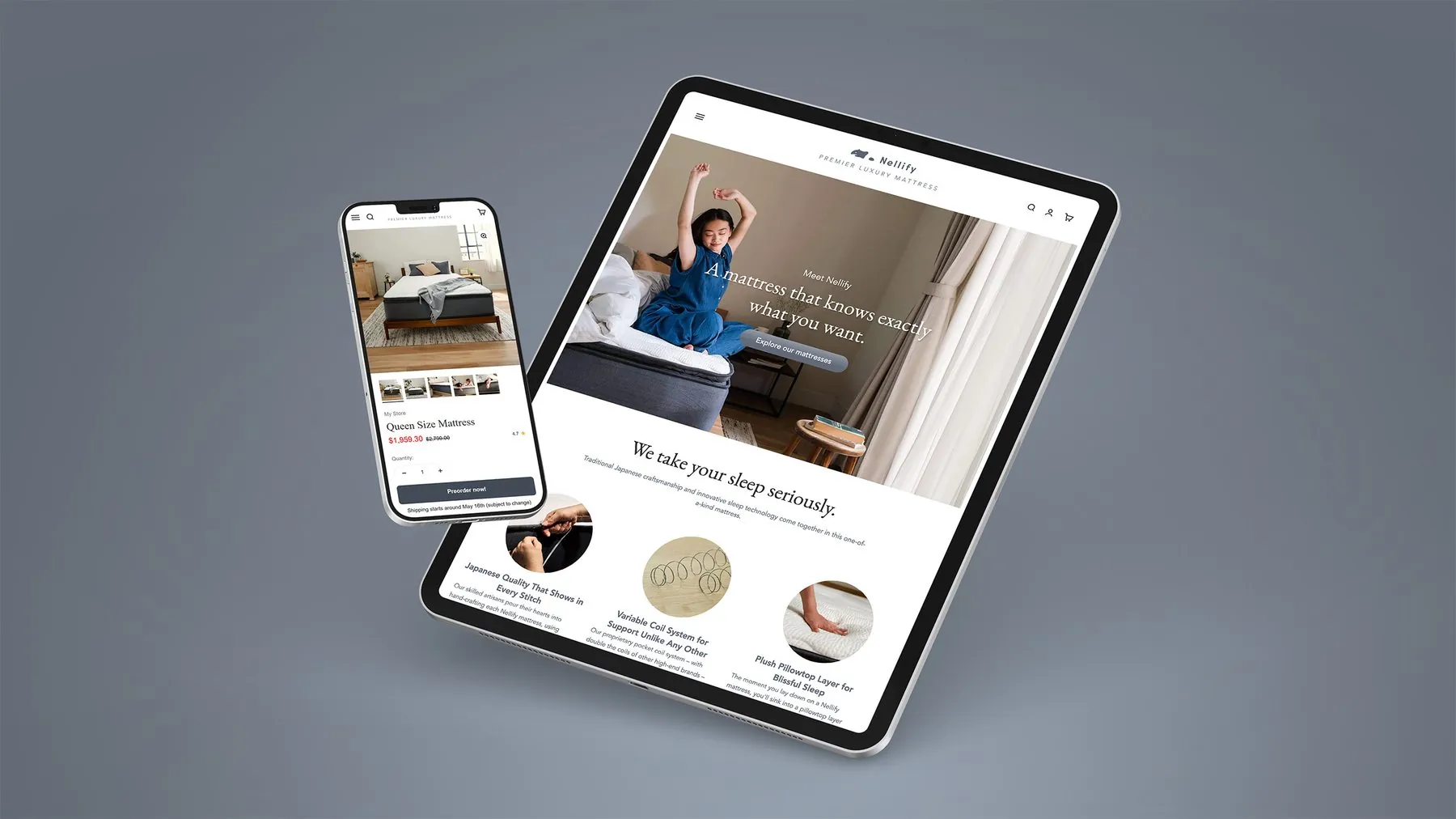 Nellify ecommerce site shown on tablet and mobile