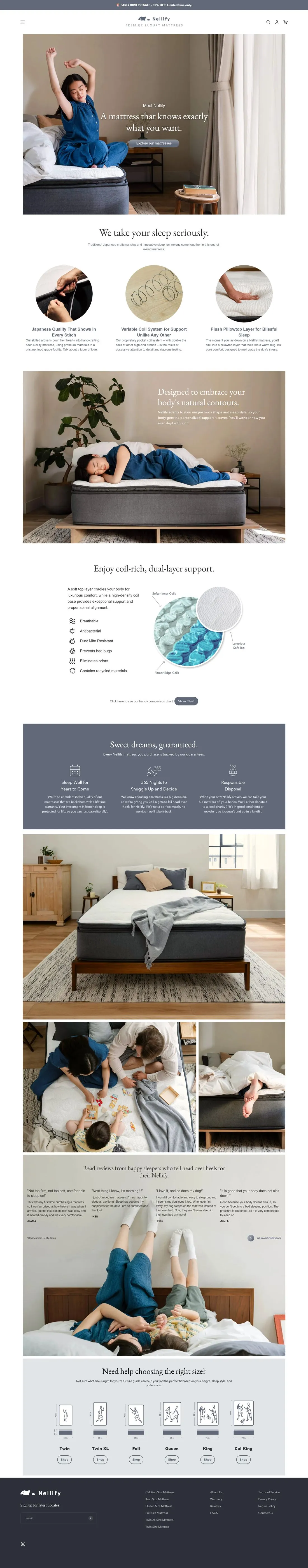 Nellify homepage, full scroll