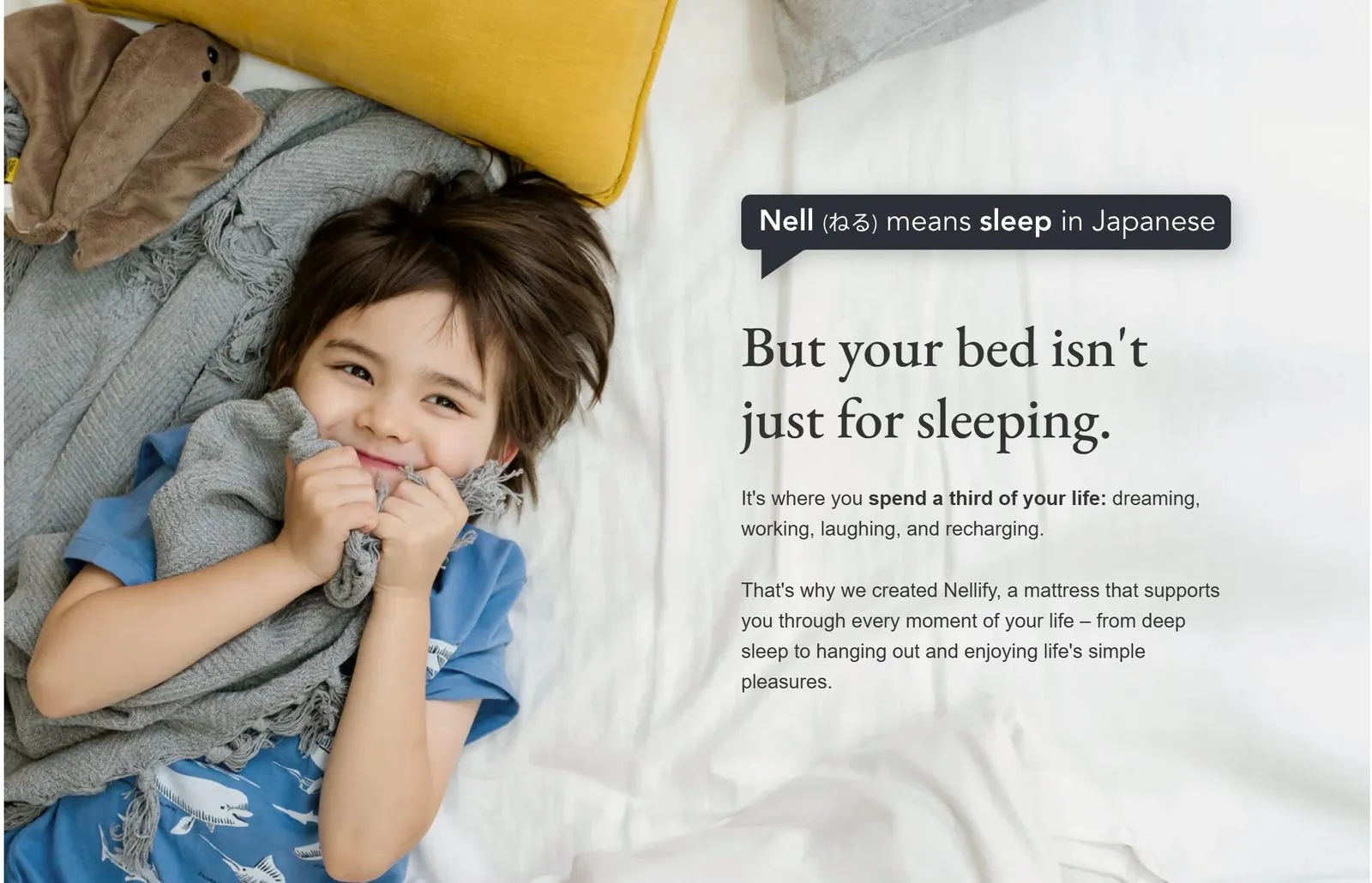 Nellify About page section — Nell means sleep in Japanese
