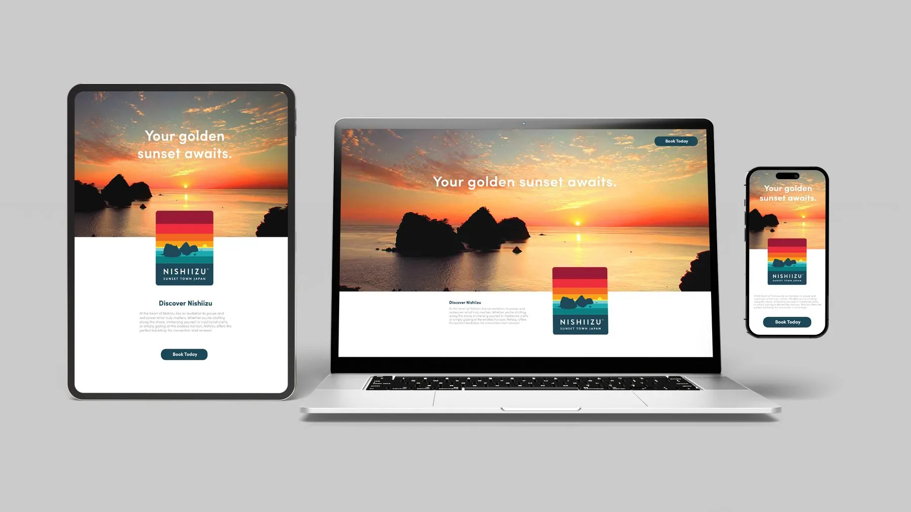 Nishiizu destination website shown on tablet, laptop, and mobile