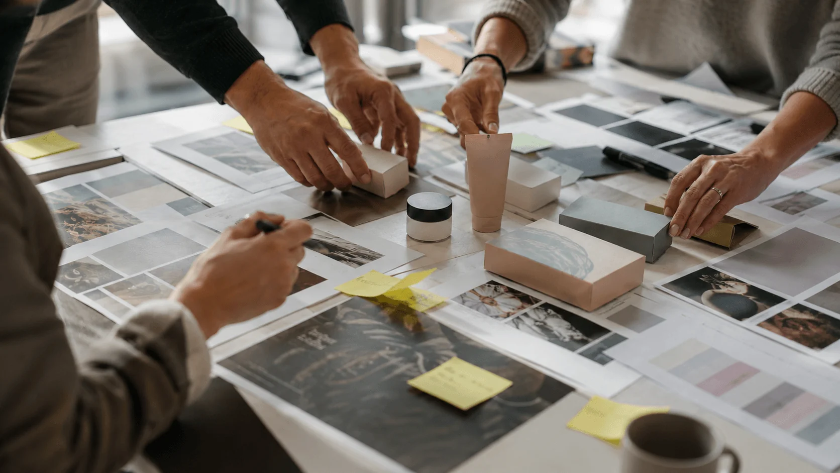 Hands arranging product packaging samples, swatches, and printed materials during a Remark working session